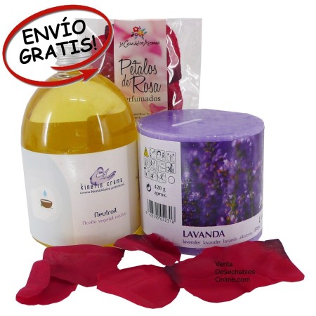 1 Vela Grande Lavanda 1 Bote Aceite Masaje y 1 Bolsa Pétalos Perfumados