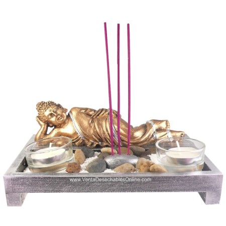 Portavela Buda Tumbado Con Piedras y Arena  - Dorado