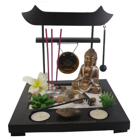 Jardín Zen Con Arena Flores Vela y Buda - Dorado