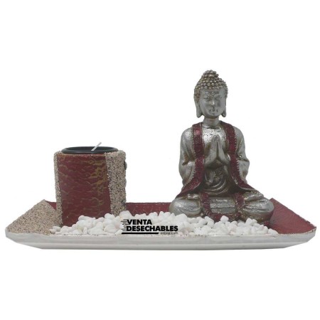 Portavela Buda Con Piedras  Blancas y Plato Rojo - Plateado