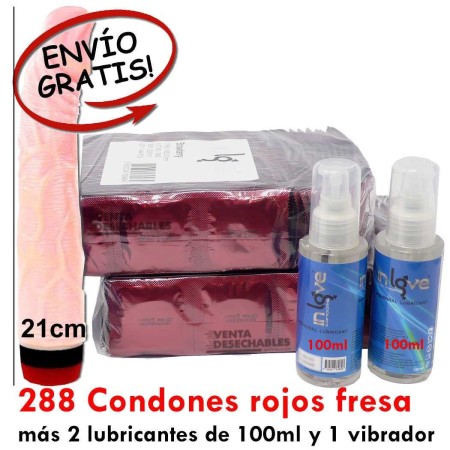288  Preservativos Rojos Fresa, 2 Lubricantes y 1 Vibrador - In Love