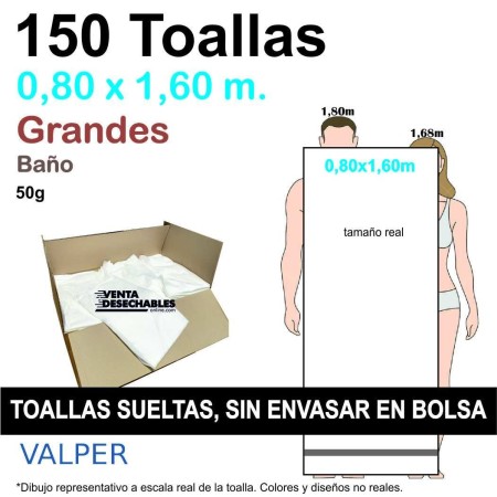 150 Toallas Desechables 50g 0,80 x 1,60 m Sin Envasar - Grandes