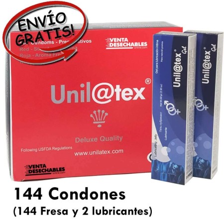 144 Preservativos Fresa y 2 Lubricantes Unilatex