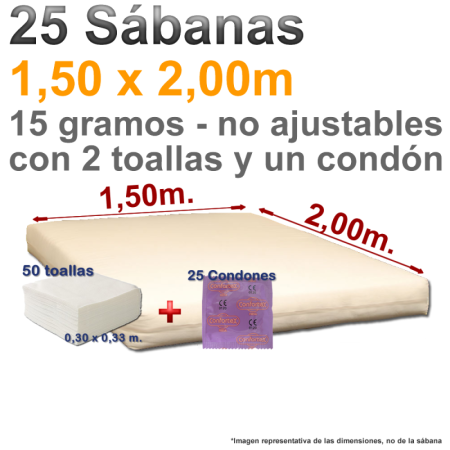 25 Sábanas desechables 1,50x2,00m + 50 toallas desechables  y 25 preservativos Confortex