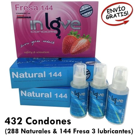 432 Preservativos Naturales, 144 Rojos Fresa y 3 Lubricantes - In Love