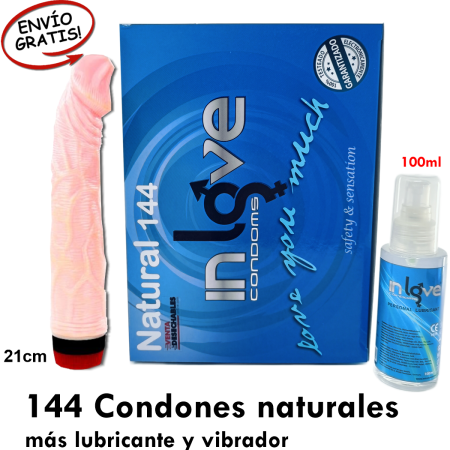 144 Preservativos Naturales, 1 Lubricante y Vibrador - In Love