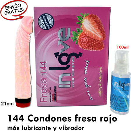 144 Preservativos fresa rojos, 1 Lubricante y Vibrador - In Love