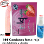 144 Preservativos fresa rojos, 1 Lubricante y Vibrador - In Love