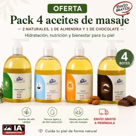 pack oferta de 4 aceites de masajes, neutros, romero y chocolate.