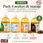 pack oferta de 4 aceites de masajes, neutros, romero y chocolate.