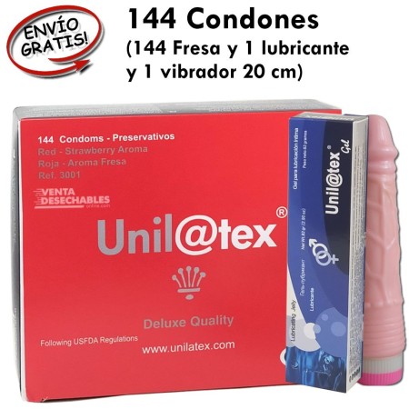 Caja Condones rojos fresa con lubricante y vibrador