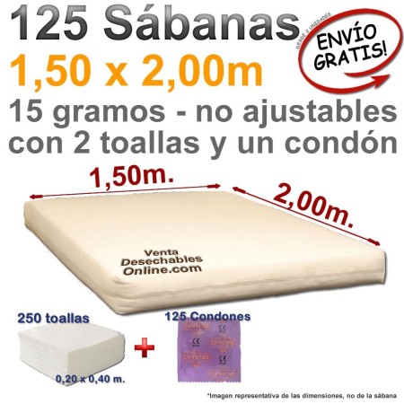 125 Sábanas desechables 1,50x2,00m + 250 toallas desechables  y 125 preservativos Confortex